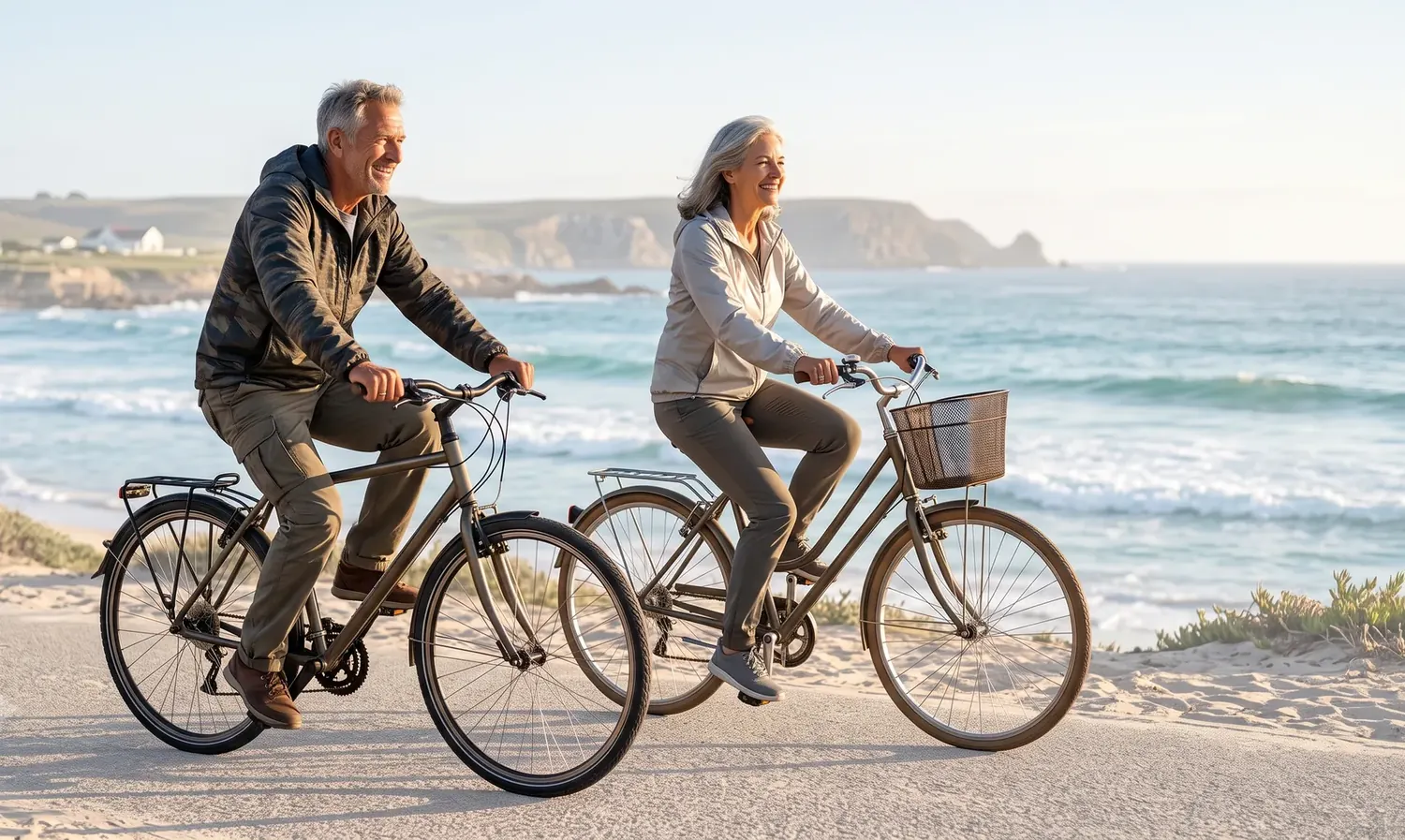 A couple cycling by the sea, back to everyday life