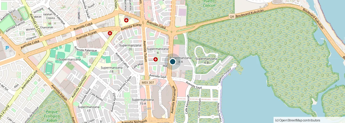 Map of Canc&uacute;n showing the building on Avenida Bonampak, Supermanzana 4-A