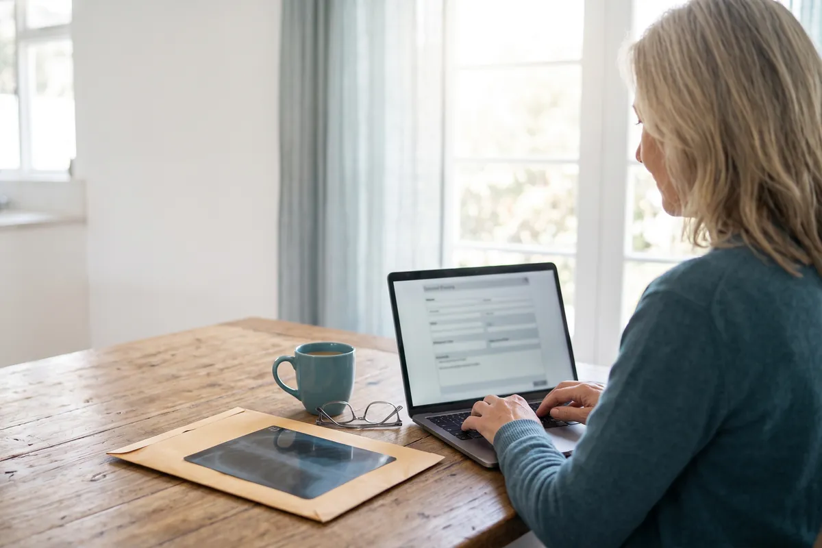 A woman at her kitchen table filling in the Medgenik application on her laptop, with her imaging beside her
