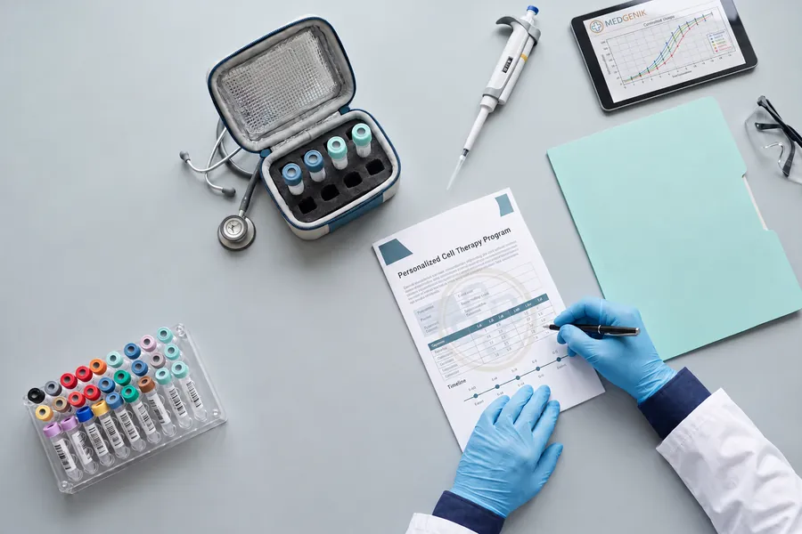 A physician preparing a written personalized cell therapy program, with the cells in a temperature-controlled case on the desk