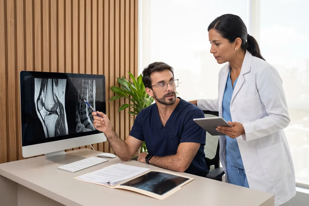 Dr. Fernando Santos Johnson and a colleague reviewing a patient's MRI and medical file